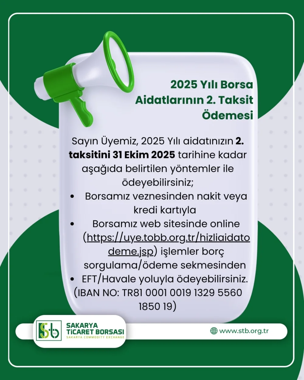 2025 Yılı Aidat 2. Taksit Ödemeleri
